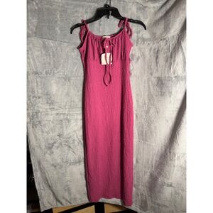 See You Monday Pink‎ Bubble Crepe Maxi Dress Tie baby doll y2k Womens Large  NEW